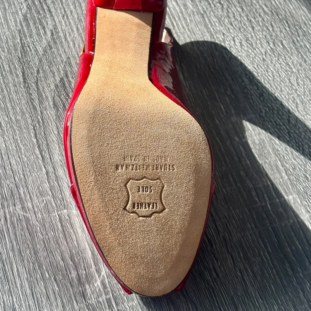 Stuart Weitzman Red Patent Leather Slingback Peep Toe Heels 6.5M NEW - Picture 7 of 8